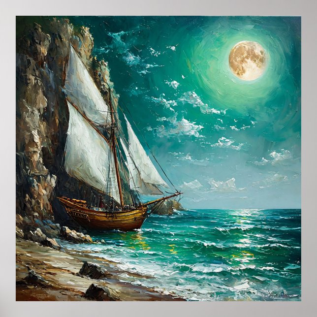 Póster Barco de vela anclado cerca de acantilados rocosos (Frente)