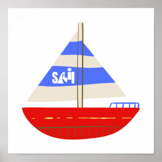 Póster Barco de vela azul blanco rojo Náutico