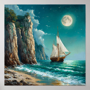 Póster Barco de Vela Clásico Oceánico Paisaje Marítimo
