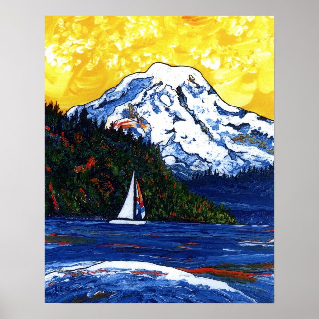 Póster Barco de vela con Mt Rainier (Frente)