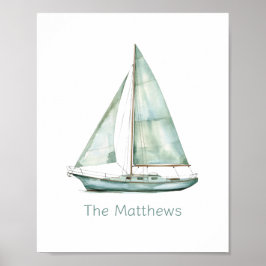 Póster Barco de vela de acuarela azul costero personaliza