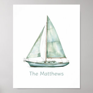 Póster Barco de vela de acuarela azul costero personaliza