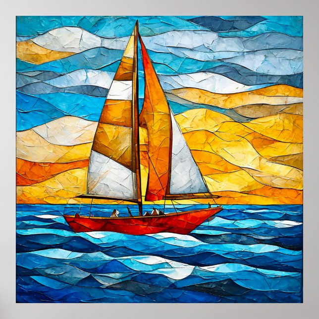 Póster Barco de vela deslizándose por las olas azules (Frente)