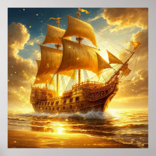 Póster Barco de Vela Dorado en el Mar del Atardecer