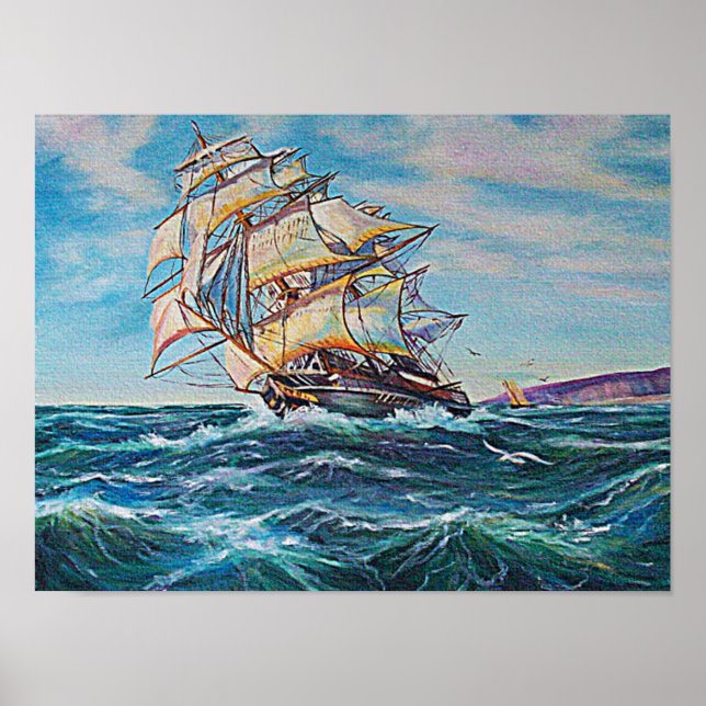 Póster Barco de vela en aguas del mar duro pequeño (Frente)