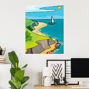 Póster Barco de vela en playa de acantilado costero