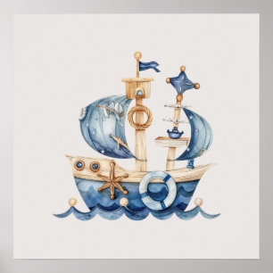 Póster Barco de vela para bebé niño azul náutico