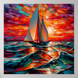 Póster Barco de vela que desliza un mar ondulado