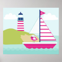 Barco de vela rosada y faro