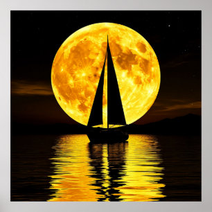 Póster Barco de Vela Silueta Contra una Luna Llena