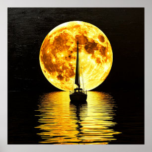 Póster Barco de Vela Silueta Contra una Luna Llena