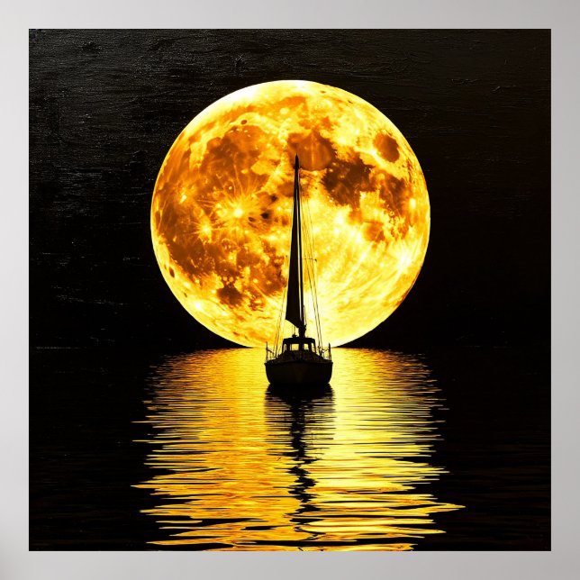 Póster Barco de Vela Silueta Contra una Luna Llena (Frente)