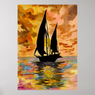 Póster Barco de Vela y Atardecer en el Océano