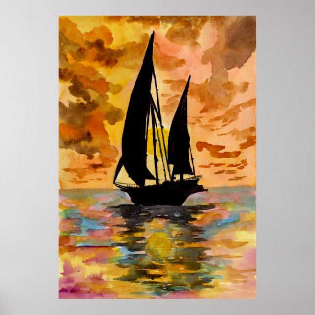 Póster Barco de Vela y Atardecer en el Océano (Frente)
