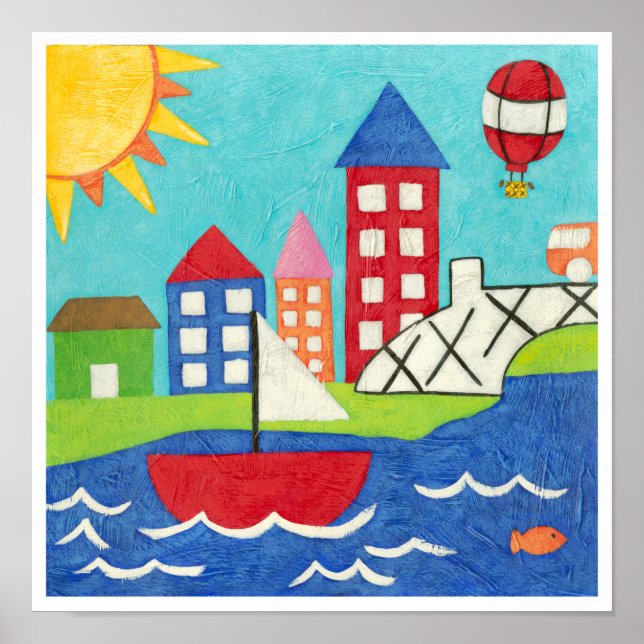 Póster Barco de vela y globo aerostático con Cityscape (Frente)