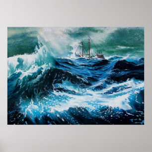 Póster Barco en el mar en tormenta