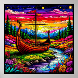 Póster Barco en un paisaje colorido