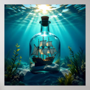 Póster Barco en una botella en el océano