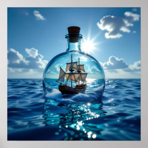 Póster Barco en una botella flotando en el océano