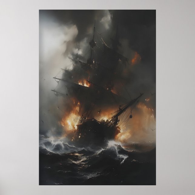 Póster Barco Fantasma Ardiente en el Mar Arte, Oscuro Mur (Frente)