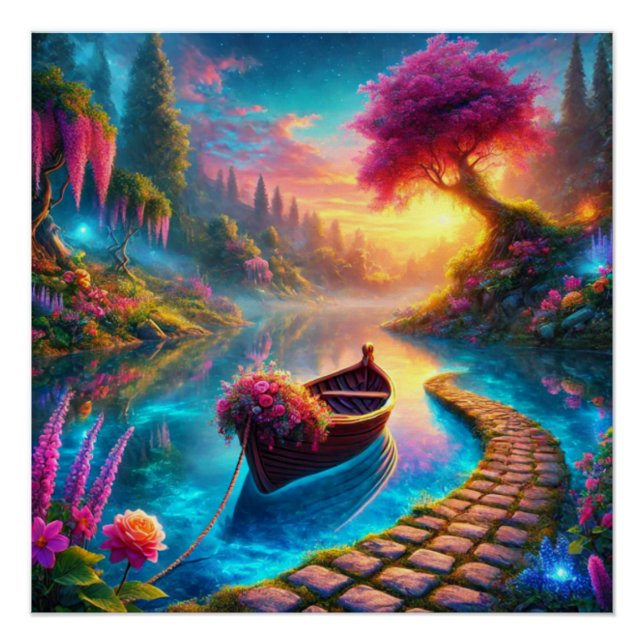 Póster Barco floral encantado en la fantasía de las aguas (Anverso)