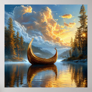 Póster Barco inspirado en el vikingo dorado descansando e