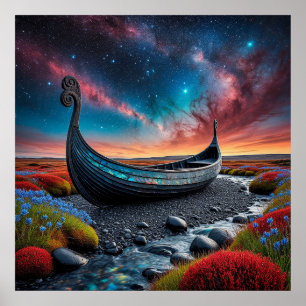 Póster Barco largo vikingo en un paisaje vibrante