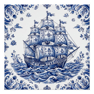 Póster Barco Mercante Estilo Delft Azul Blanco