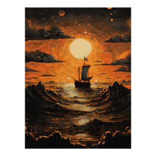 Póster Barco navegando por la noche