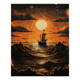 Póster Barco navegando por la noche