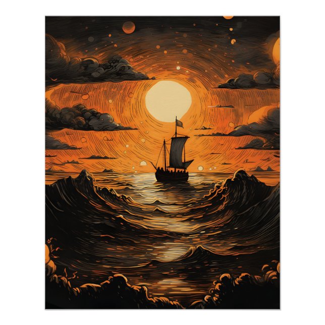 Póster Barco navegando por la noche (Anverso)