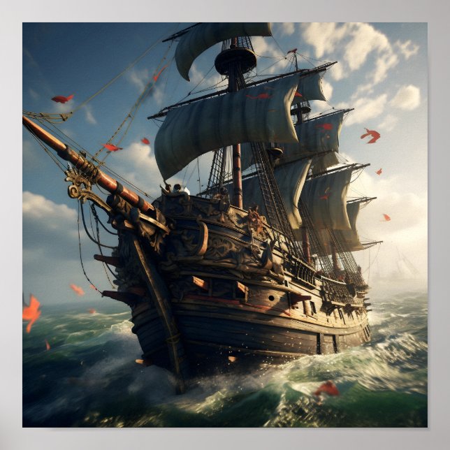 Póster Barco pirata bajo cielos brillantes (Frente)