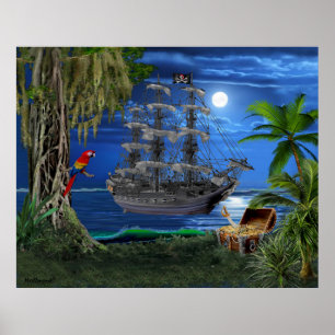 Póster Barco pirata con luz artificial mística