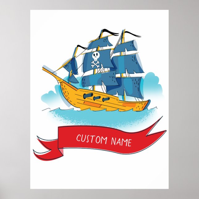 Póster Barco pirata de dibujos animados lindos con texto  (Frente)