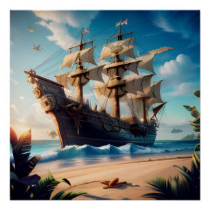 Póster Barco pirata de playa tropical
