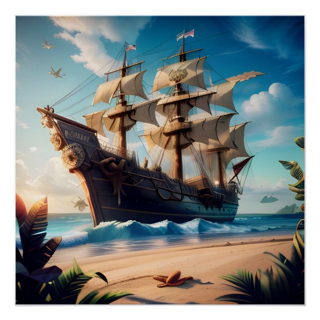 Póster Barco pirata de playa tropical (Anverso)