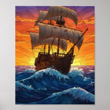 Barco Pirata de Vidrio Emplomado en la Puesta de S