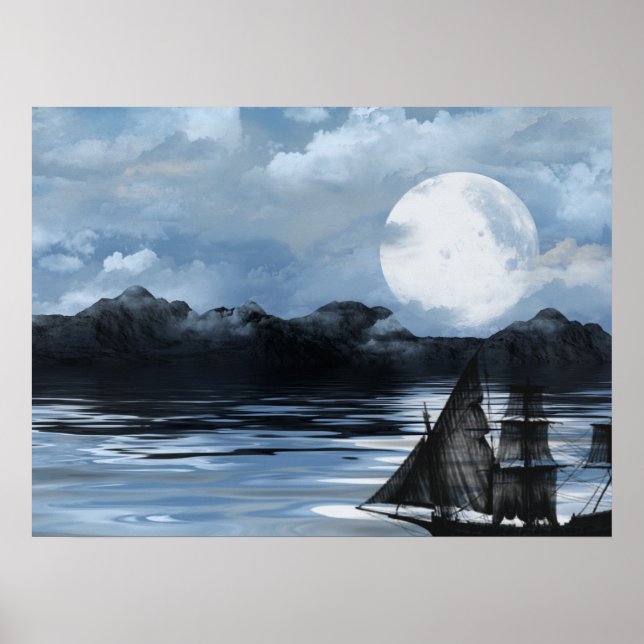 Póster Barco pirata fantasma de noche (Frente)