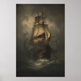 Póster Barco pirata Kraken, pintura de pulpo gigante, gót