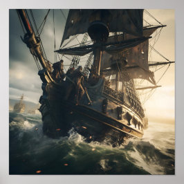 Póster Barco pirata navegando al amanecer