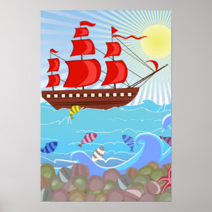 Póster Barco pirata rojo ilustrado