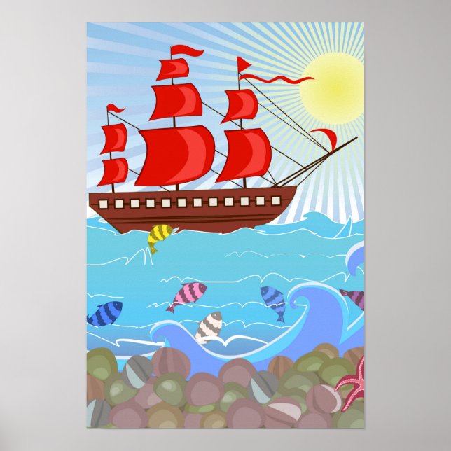 Póster Barco pirata rojo ilustrado (Frente)