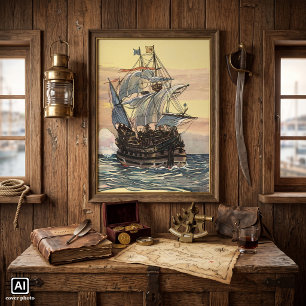 Póster Barco pirata vintage, velero galeón en el océano