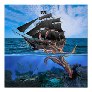 Póster Barco pirata vs el calamar gigante