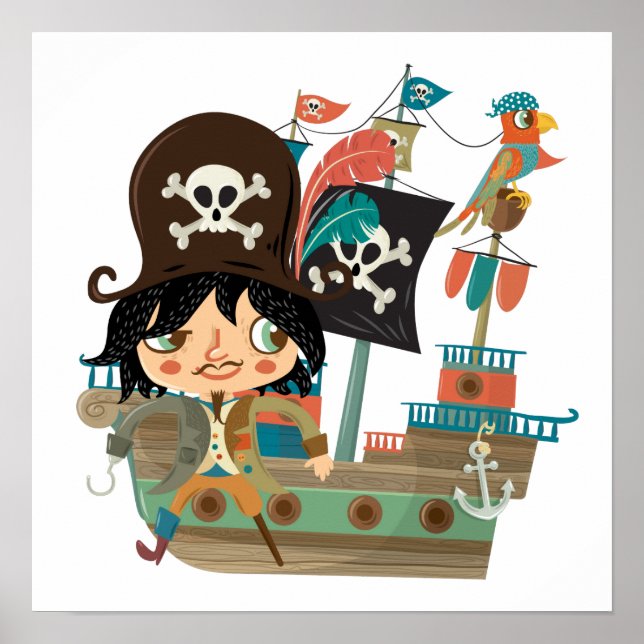 Póster Barco pirata y pirata (Frente)