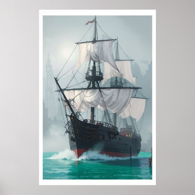 Póster Barco que emerge de la niebla - Viaje espiritual (Frente)