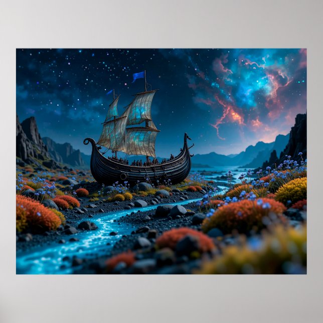 Póster Barco Vikingo Bajo un Cielo Estrellado (Frente)