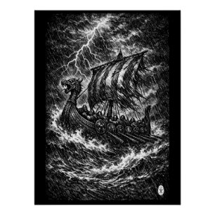Póster Barco vikingo en la tormenta — Ink Saga Art