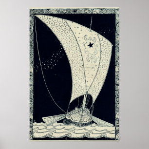 Póster Barco vikingo largo navegando de noche