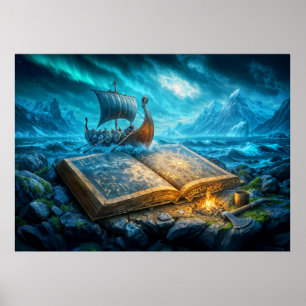 Póster Barco vikingo navega desde un libro antiguo